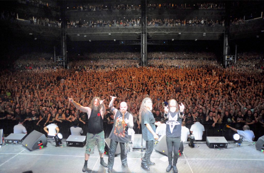 Slayer Final World Tour @ Van Andel Arena, Grand Rapids, MI, August 7, 2018 L-R: Paul Bostaph, Kerry King, Tom Araya, Gary Holt