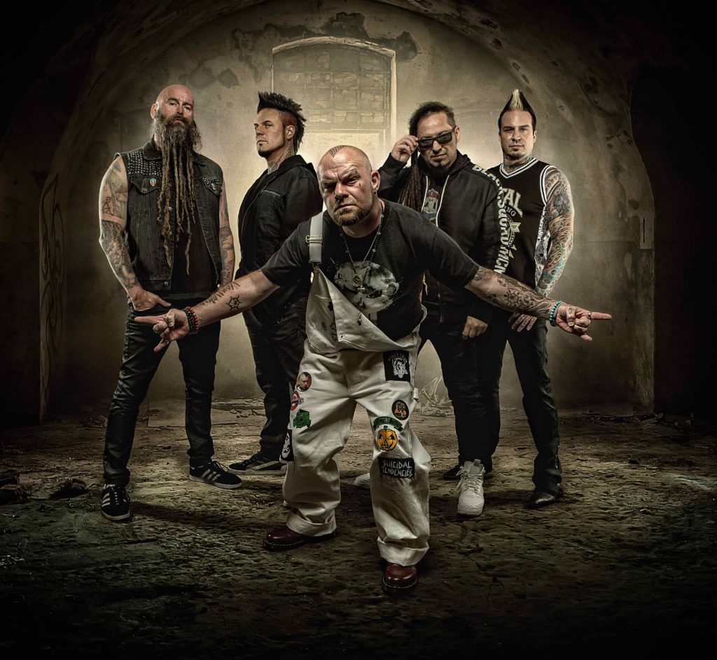 FIVE FINGER DEATH PUNCH (L-R): Chris Kael (bass), Jason Hook (guitar), Ivan Moody (vocals), Zoltan Bathory (guitar), Jeremy Spencer (drums).